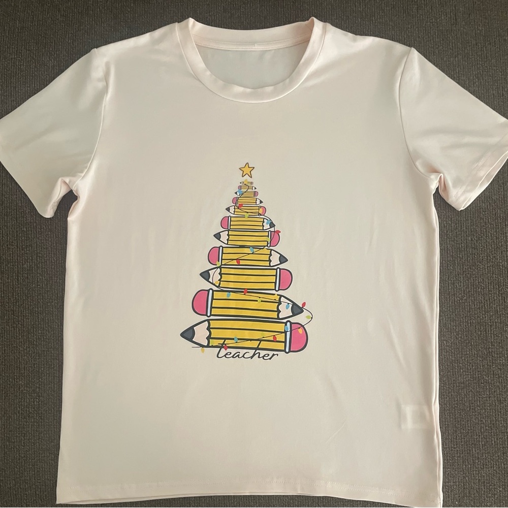 Women’s Pencil Graphic Teacher Short Sleeve Shirt Size S
